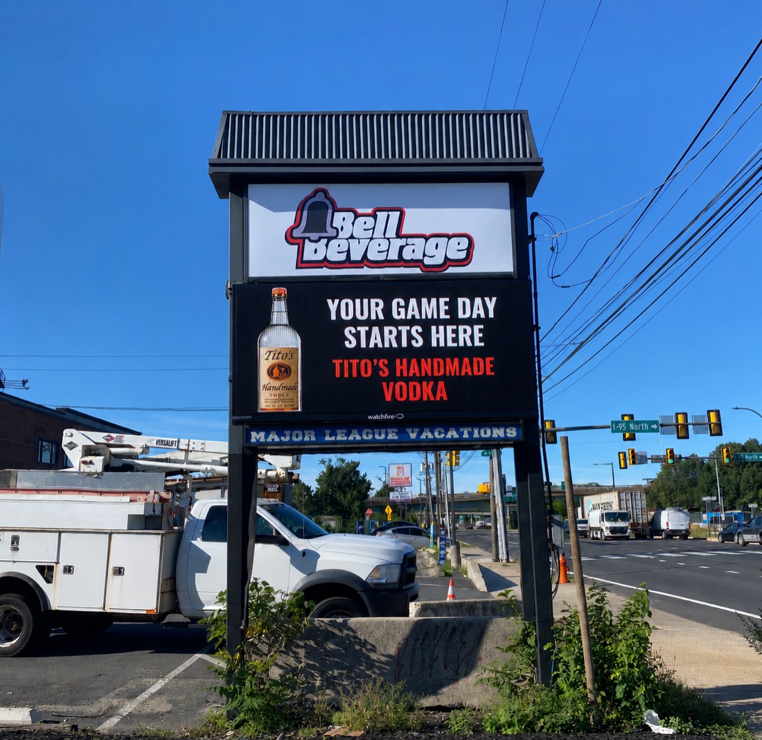 Bell Beverage pylon sign with full-color LED digital display